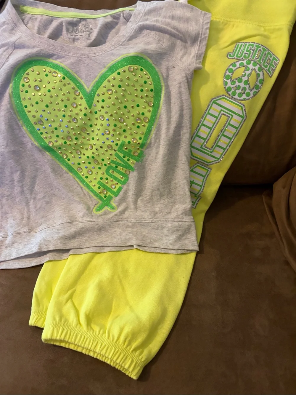 Justice Gray Tee with Neon Green Heart and Neon Yellow Leggings